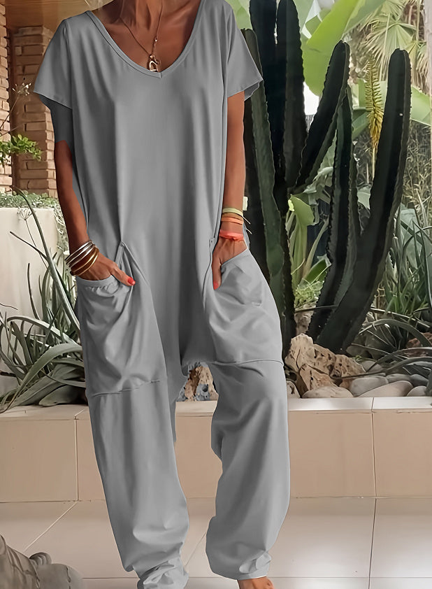 Sarah Express Women's V-Neck Oversized Jumpsuit Quarter Sleeve Pockets Casual Street Style Spring Summer