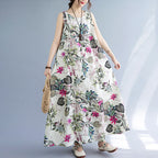 Sarah Express Women's Printed Cotton Linen Maxi Dress - Sleeveless Round Neck Bohemian Plus Size