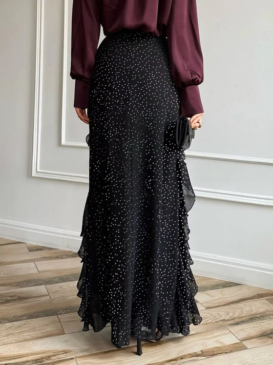 Sarah Express Women's Ruffled Polka Dot Maxi Skirt