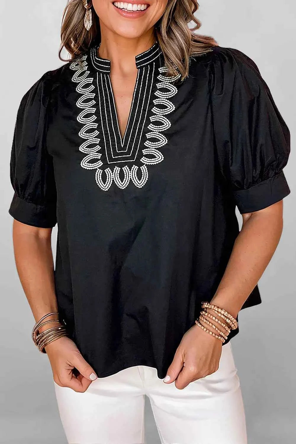 Sarah Express Women's Embroidered V-Neck Blouse - Short Puff Sleeve Cotton Lyocell Top Black