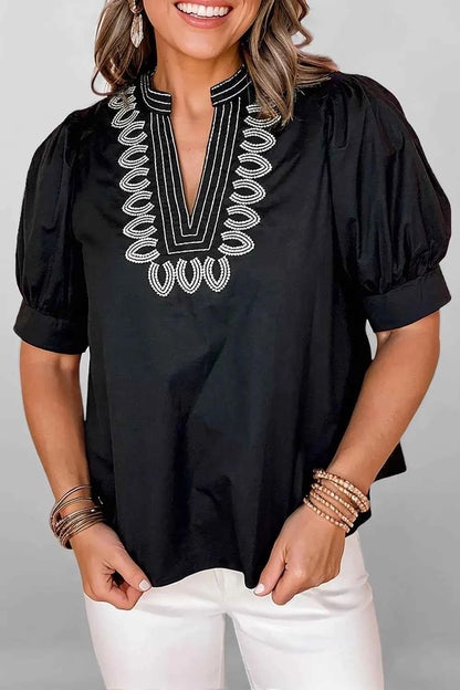 Sarah Express Women's Embroidered V-Neck Blouse - Short Puff Sleeve Cotton Lyocell Top Black