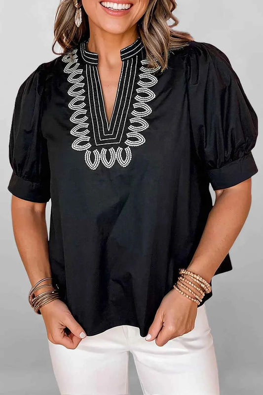 Sarah Express Women's Embroidered V-Neck Blouse - Short Puff Sleeve Cotton Lyocell Top Black