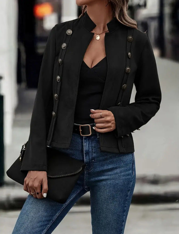 Sarah Express Women's Double-Breasted Suede Jacket Slim Fit Retro Long Sleeve Deerskin Velvet Fall Winter Outerwear