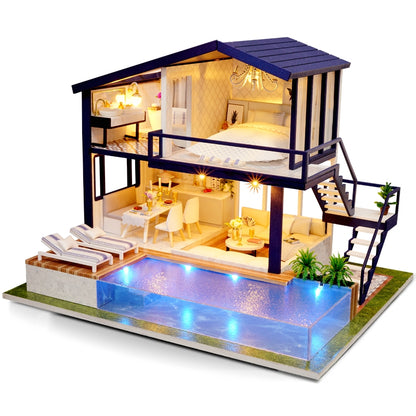 DIY Miniature Dollhouse Kit with LED Lights - 3D Wooden Furniture Assembly Puzzle for Kids and Adults