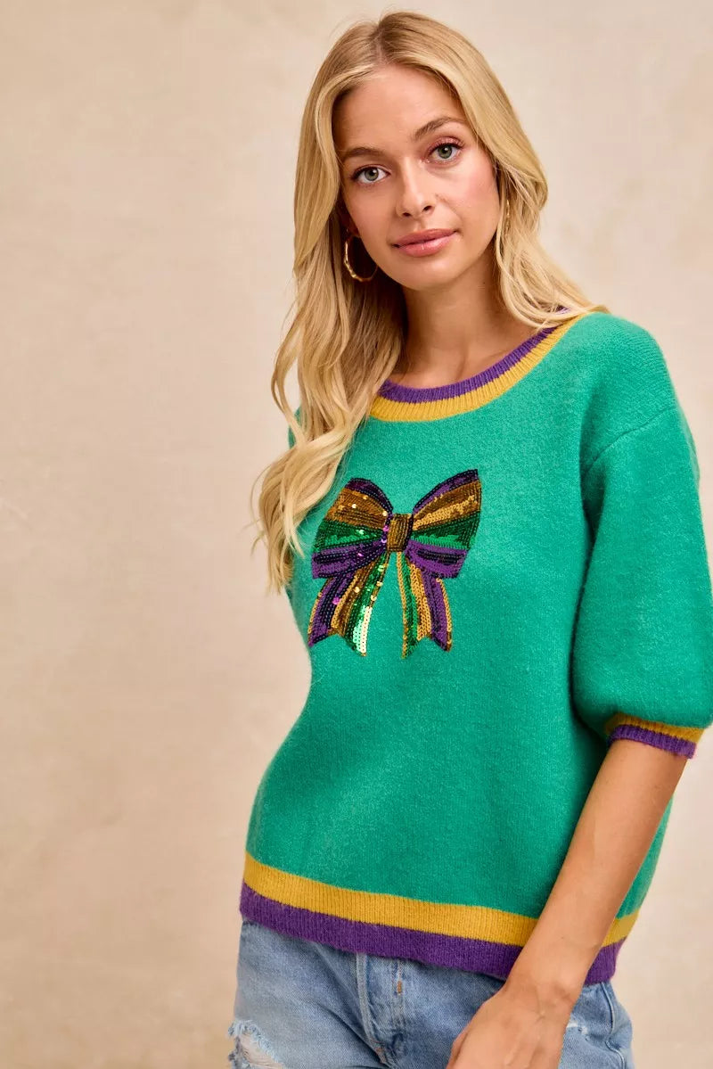 Sarah Express Women's Mardi Gras Sequin Ribbon Patched Sweater