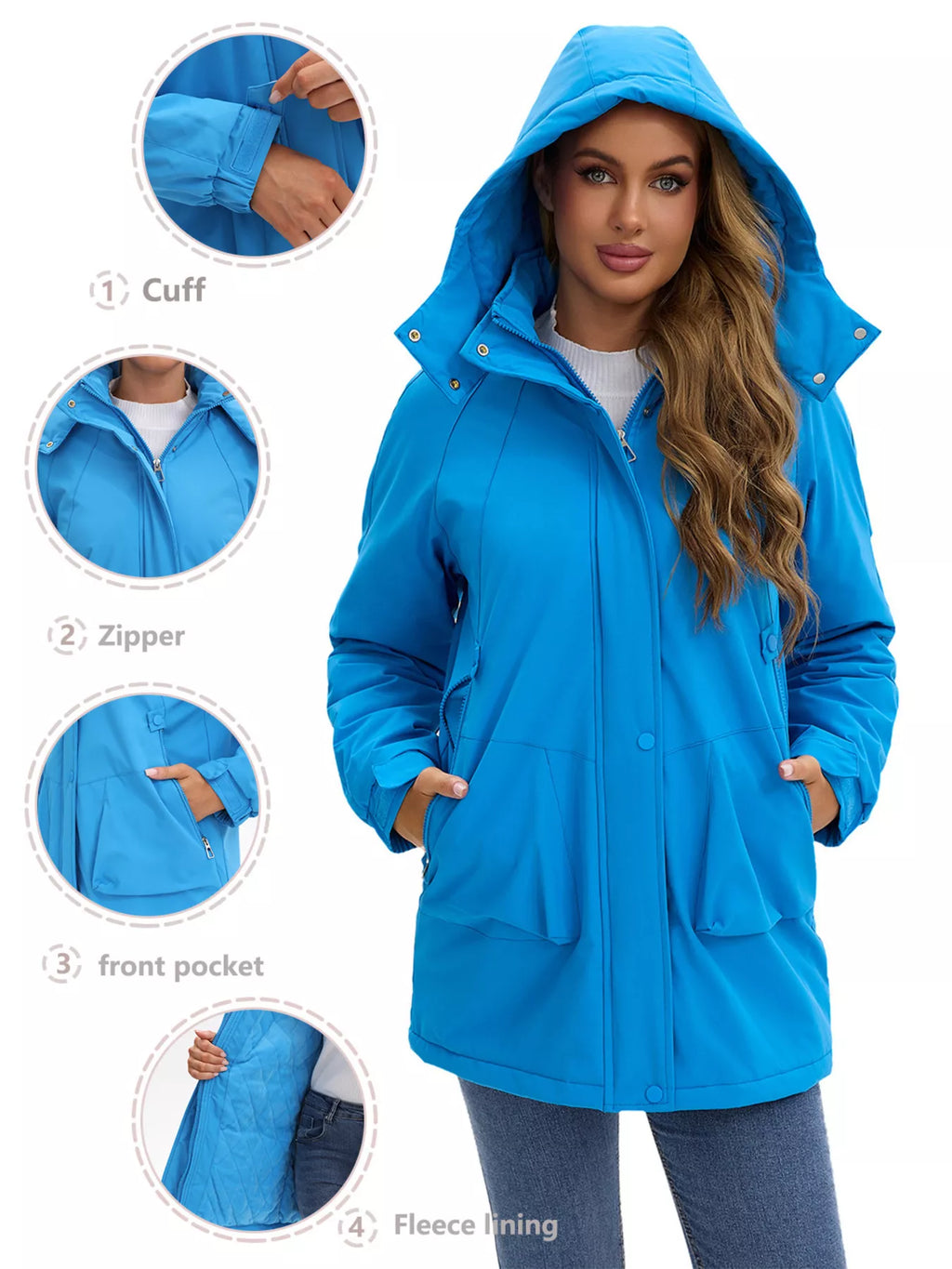 Sarah Express Women's Hooded Mid-Length Windproof Outerwear Plus Size