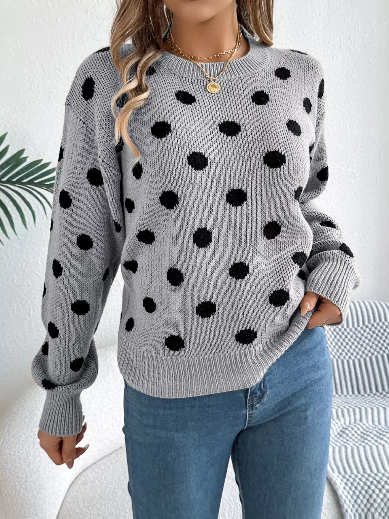 Sarah Express Women's Polka Dot Round Neck Sweater
