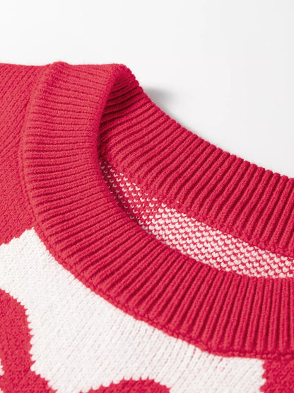 Sarah Express Women's Bow Print 2-Tone Rhombus Knit Loose Sweater