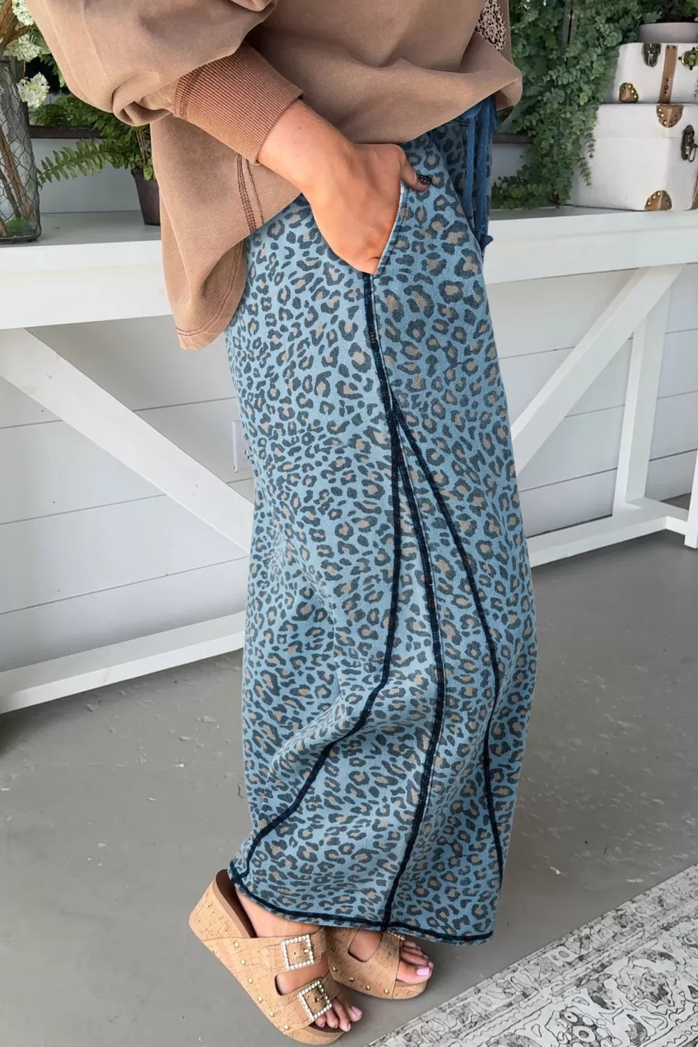 Sarah Express Women's Leopard Print Wide Leg Drawstring Jeans with Exposed Seam Detail