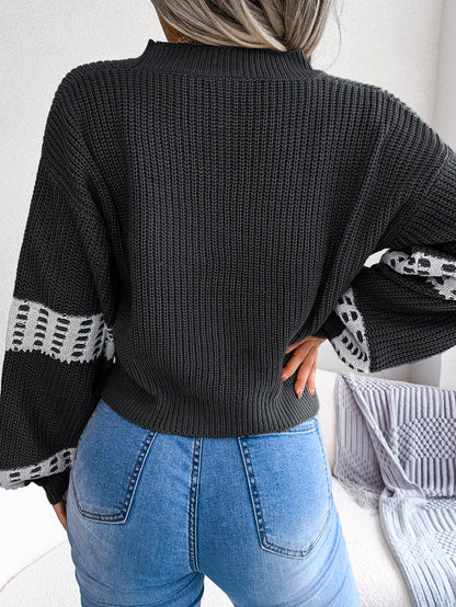 Sarah Express Women's Color Block Lantern Sleeve Cardigan Sweater Coat - Designer Knitwear