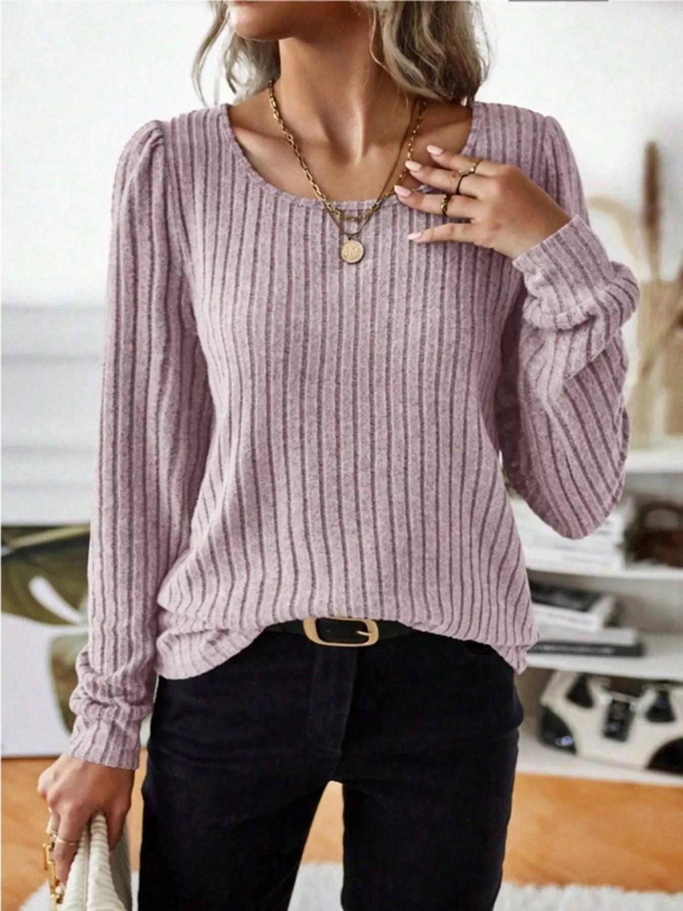 Sarah Express Women's Ribbed Knit Long Sleeve T-Shirt Pink