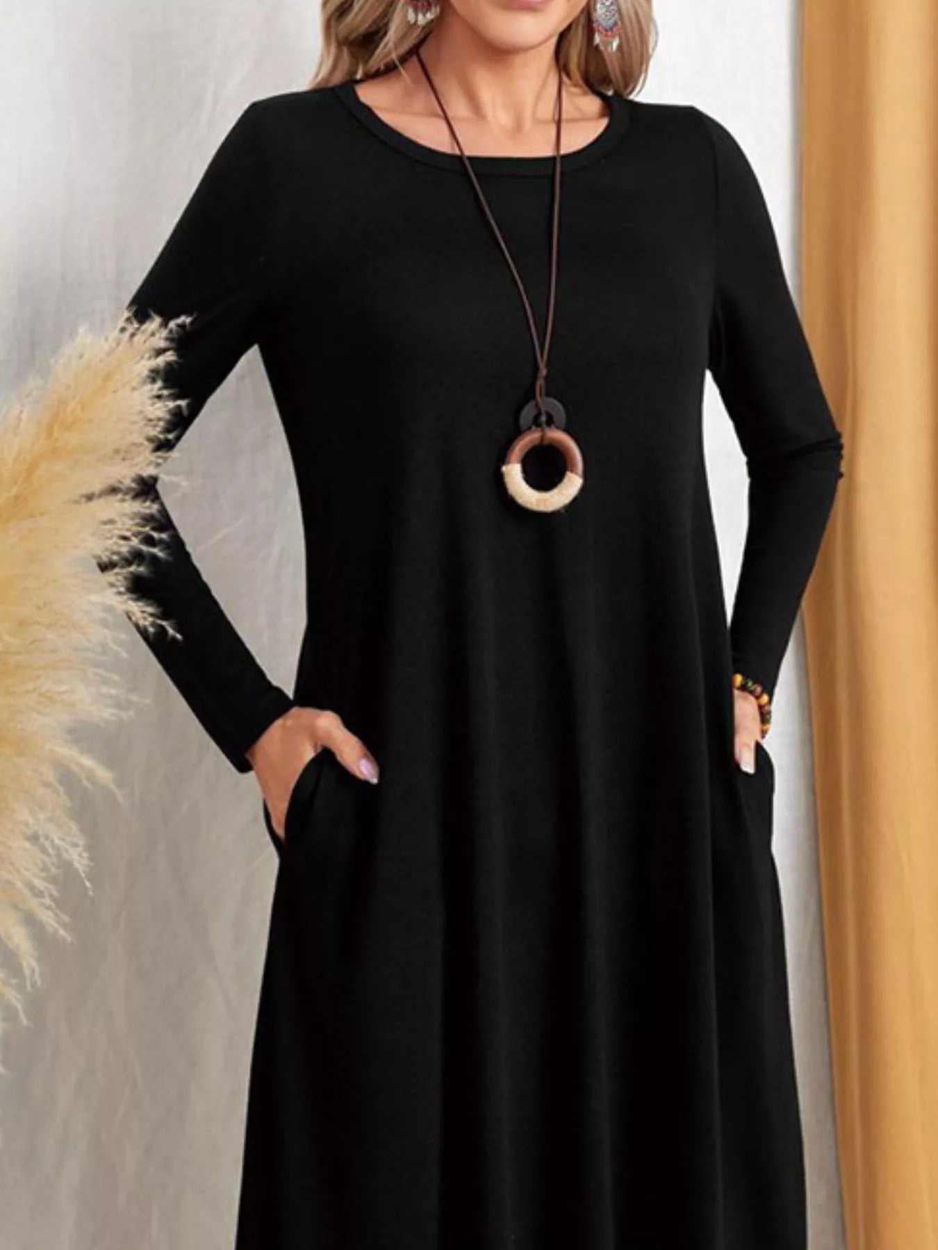 Sarah Express Women's Casual Long Sleeve Pocket Midi Dress