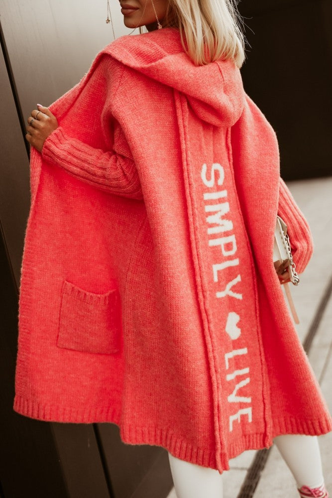 Sarah Express Women's Letter Print Hooded Long Cardigan Oversized Knit