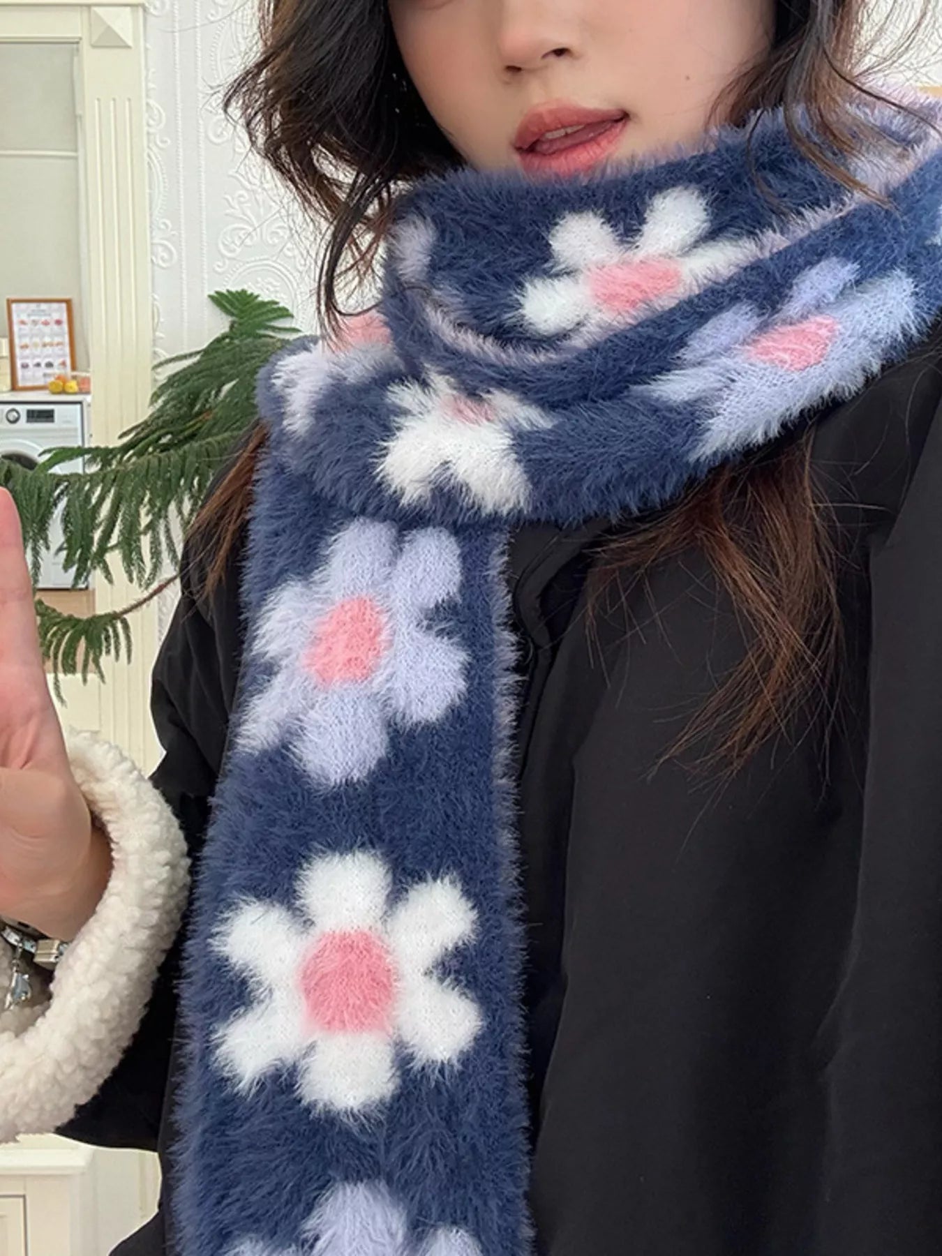 Sarah Express Women's Floral Fuzzy Knit Scarf - Soft Faux Mink Winter Scarf