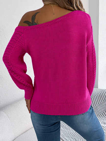 Sarah Express Women's Off-Shoulder Hollow Out Cable Knit Pullover Sweater Long Sleeve