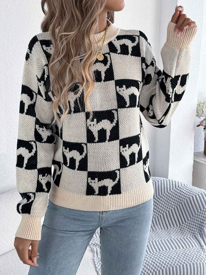 Sarah Express Women's Halloween Plaid Lantern Sleeve Pullover Sweater Apricot