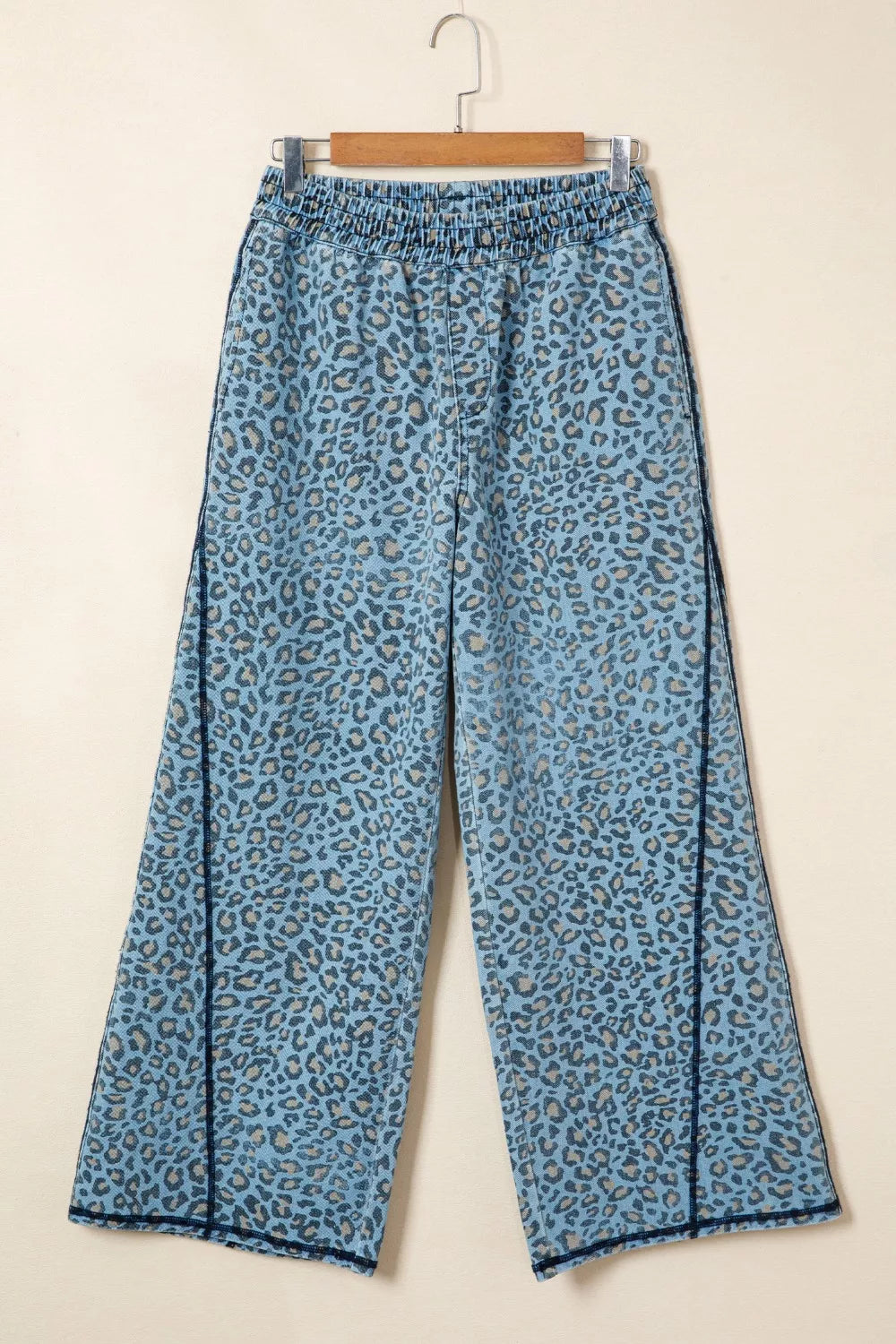 Sarah Express Women's Leopard Print Wide Leg Drawstring Jeans with Exposed Seam Detail