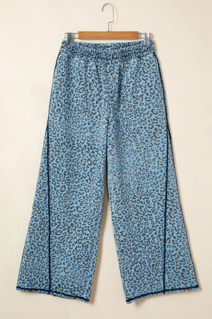 Sarah Express Women's Leopard Print Wide Leg Drawstring Jeans with Exposed Seam Detail
