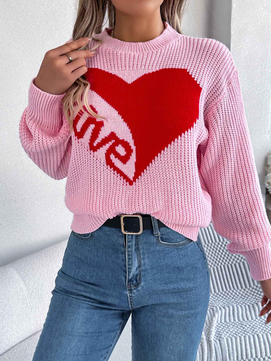 Sarah Express Women's Color Block Heart Love Pullover Sweater Long Sleeve Knit Top