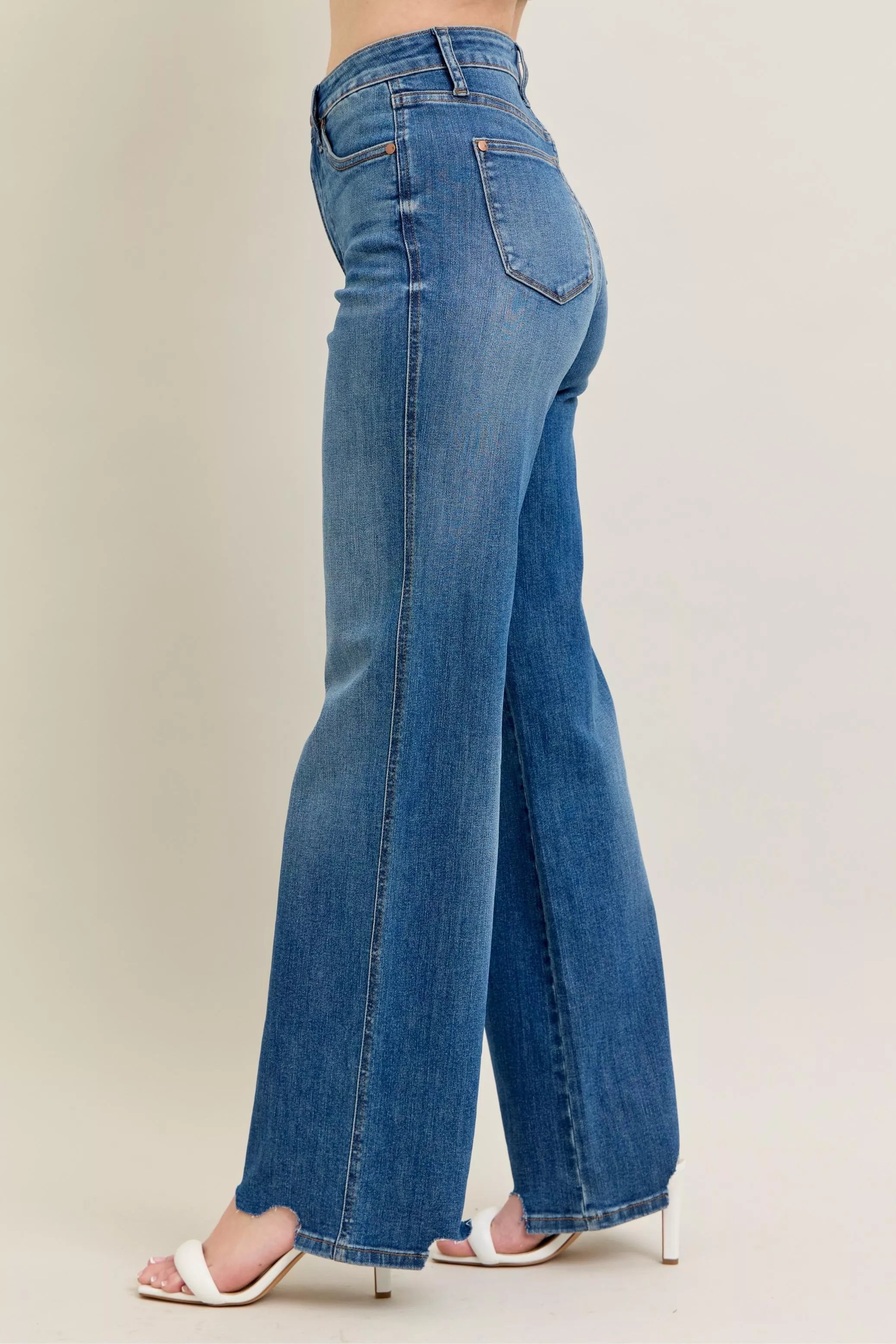 Sarah Express Women’s Plus Size High Rise Tummy Control Destroyed Wide Leg Jeans
