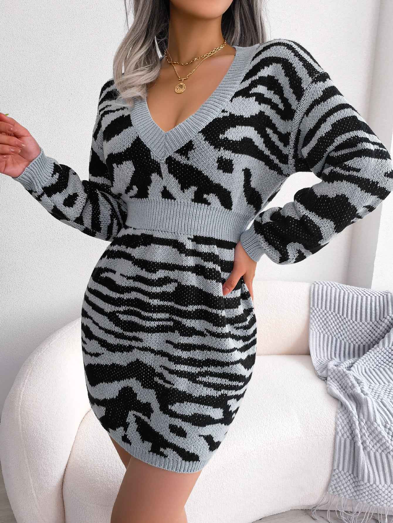 Sarah Express Women's Tiger Print Sweater Dress with Lantern Sleeves - Cinched Waist Knit Dress