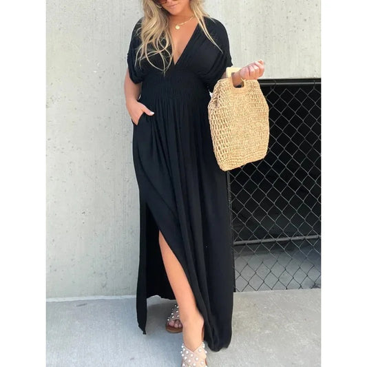 Sarah Express Women's V-Neck Bat Sleeve Maxi Dress - Elastic Waist Summer Long Dress with Side Slit
