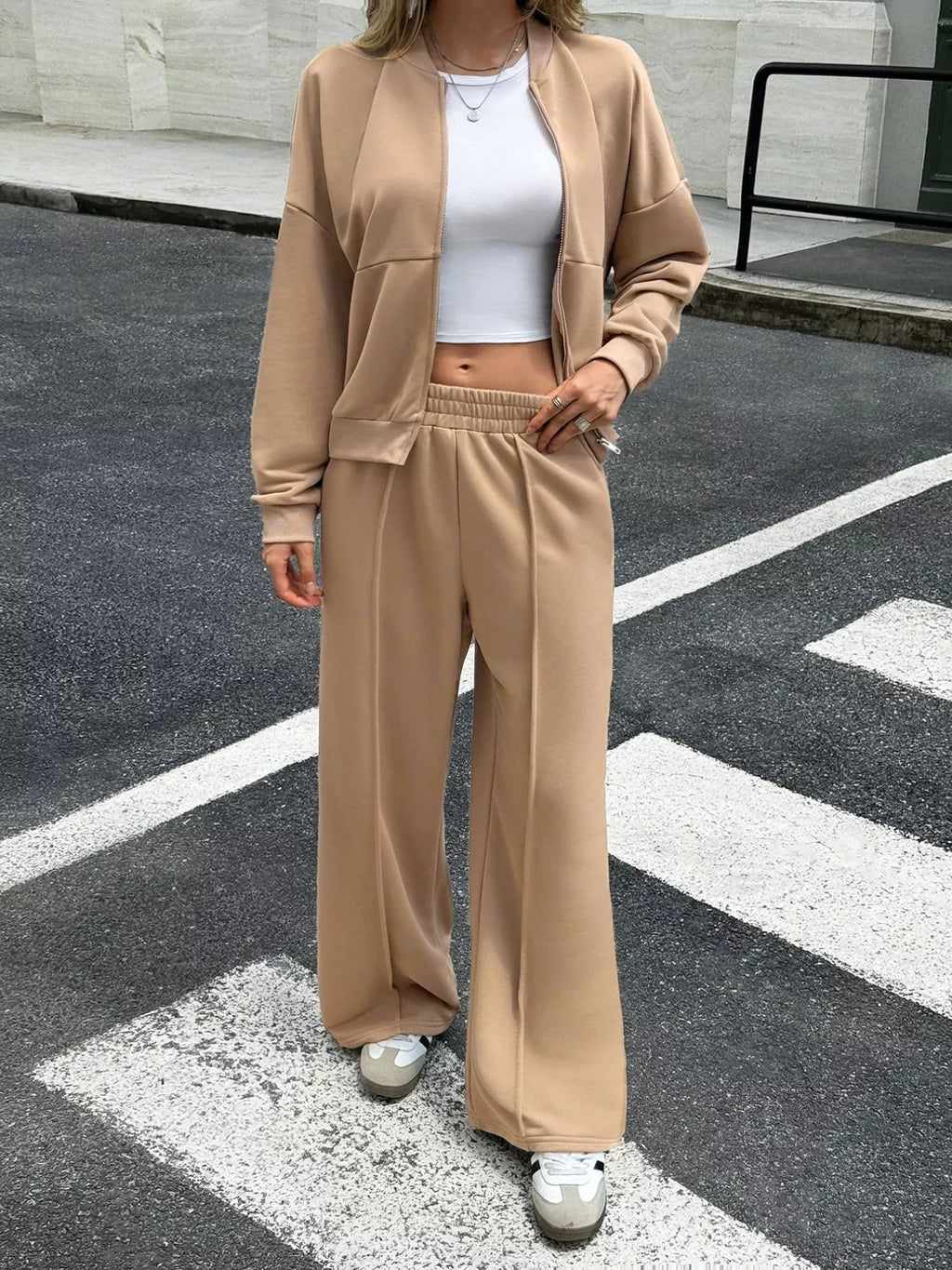 Sarah Express Women's Zip Up Drop Shoulder Top and Pants Set