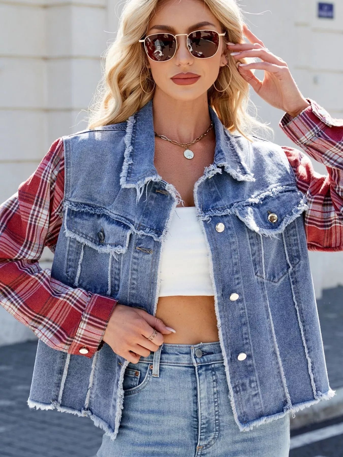 Sarah Express Women's Raw Hem Plaid Sleeve Denim Jacket