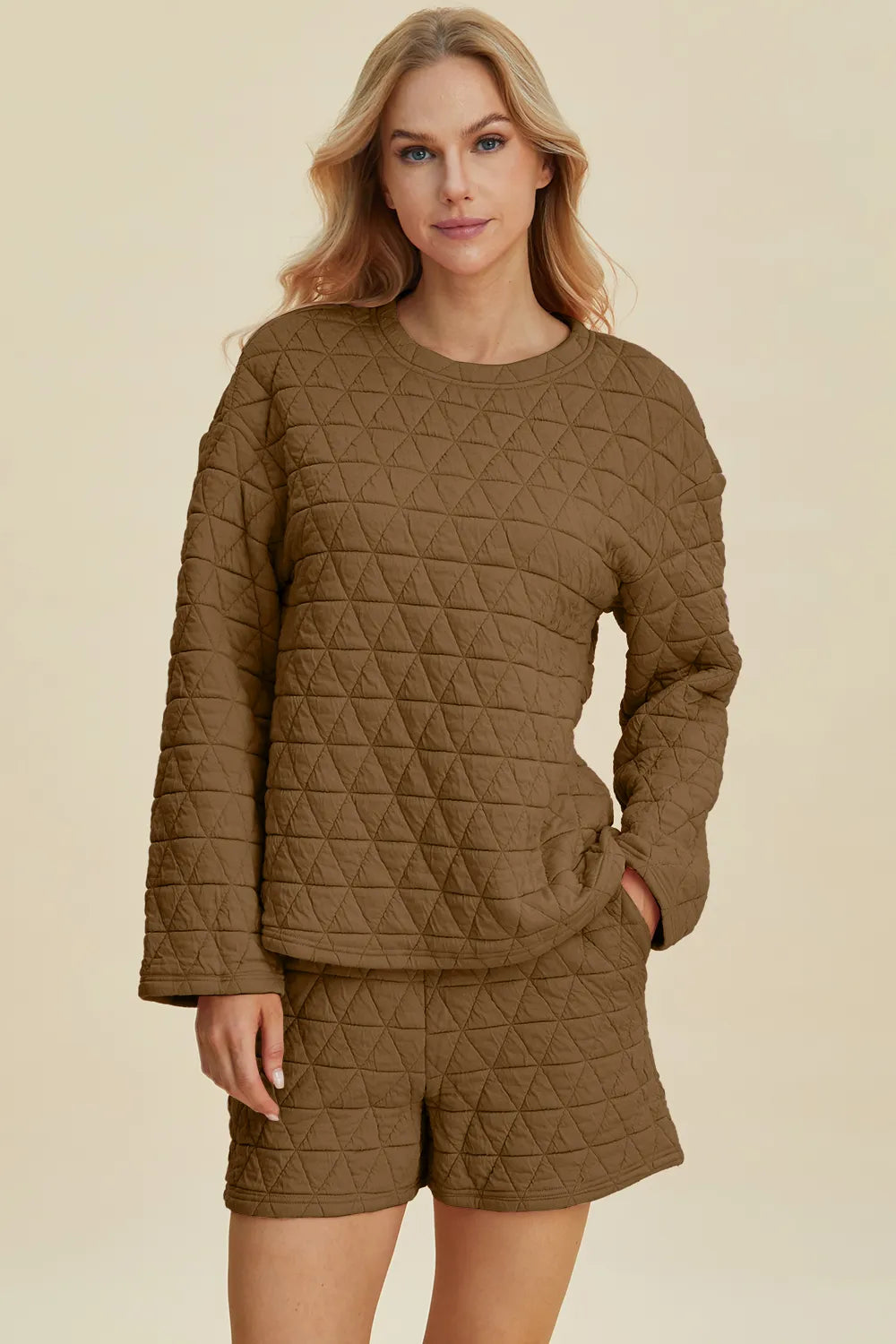 Sarah Express Women’s Plus Size Textured Long Sleeve Top and Shorts Set
