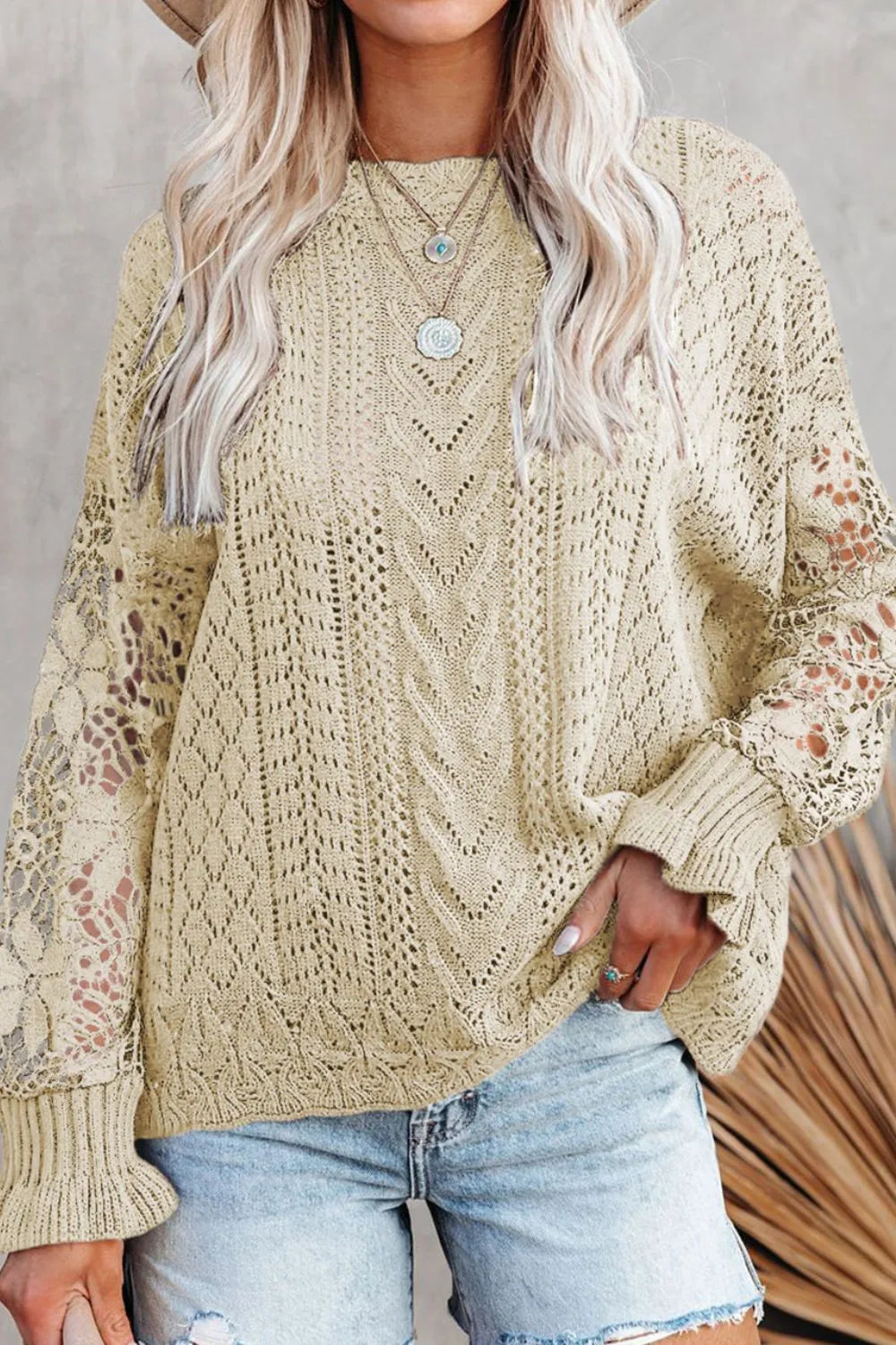 Sarah Express Women's Openwork Round Neck Long Sleeve Sweater Beige