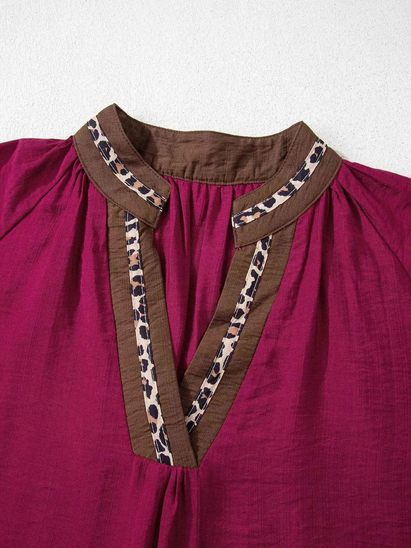 Sarah Express Women's Leopard Trim V-Neck Blouse - Flounced Bracelet Sleeve Top