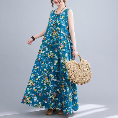 Sarah Express Women's Printed Cotton Linen Maxi Dress - Sleeveless Round Neck Bohemian Plus Size