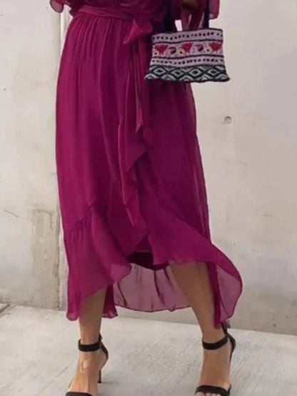 Sarah Express Women's Flowy Tie Front Midi Dress with Flutter Sleeves