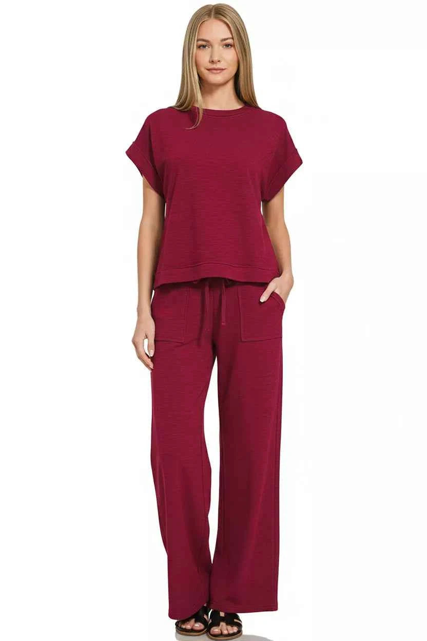 Sarah Express Women's Cotton Slub Short Sleeve Tee and Pants Lounge Set