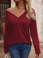 Sarah Express Women's V-Neck Long Sleeve T-Shirt - Button Detail Casual Top