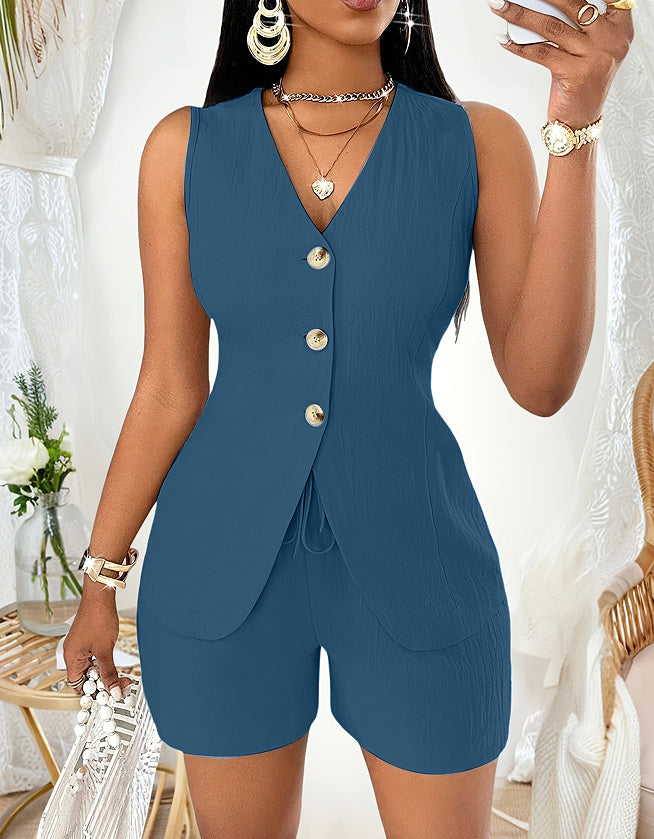 Sarah Express Cotton Linen Two-Piece Set Lace-Up Short Sleeve Top Shorts