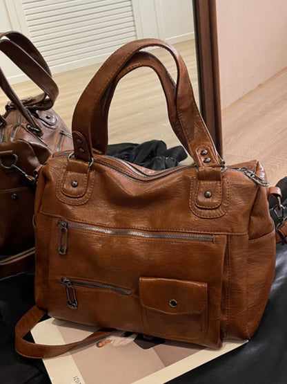 Sarah Express Women's Vintage Multi-Pocket Crossbody Bag - PU Leather Shoulder Bag