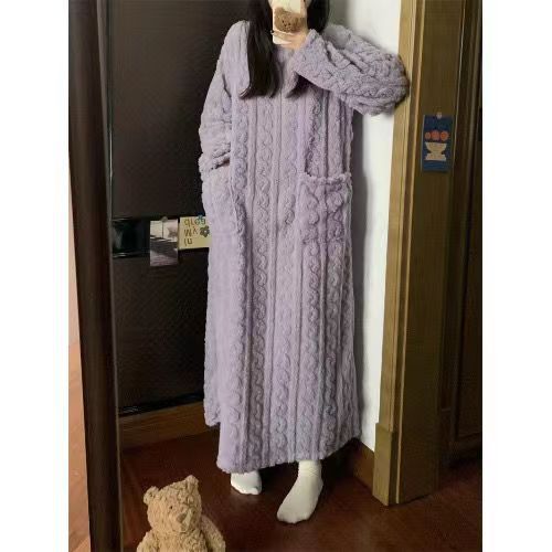 Sarah Express Women's Coral Fleece Nightgown - Long Sleeve Winter Sleep Dress with Pockets - Warm Loungewear