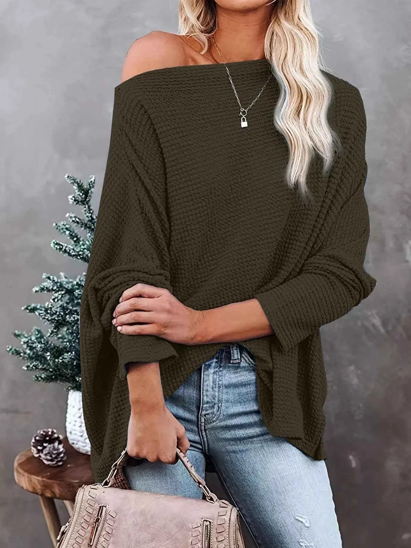 Sarah Express Women's Oversized Waffle Knit Boat Neck T-Shirt Army Green