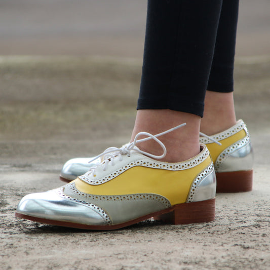 Sarah Express Women's Yellow Lace-Up Block Heel Pumps - Round Toe Low Heel Dress Shoes