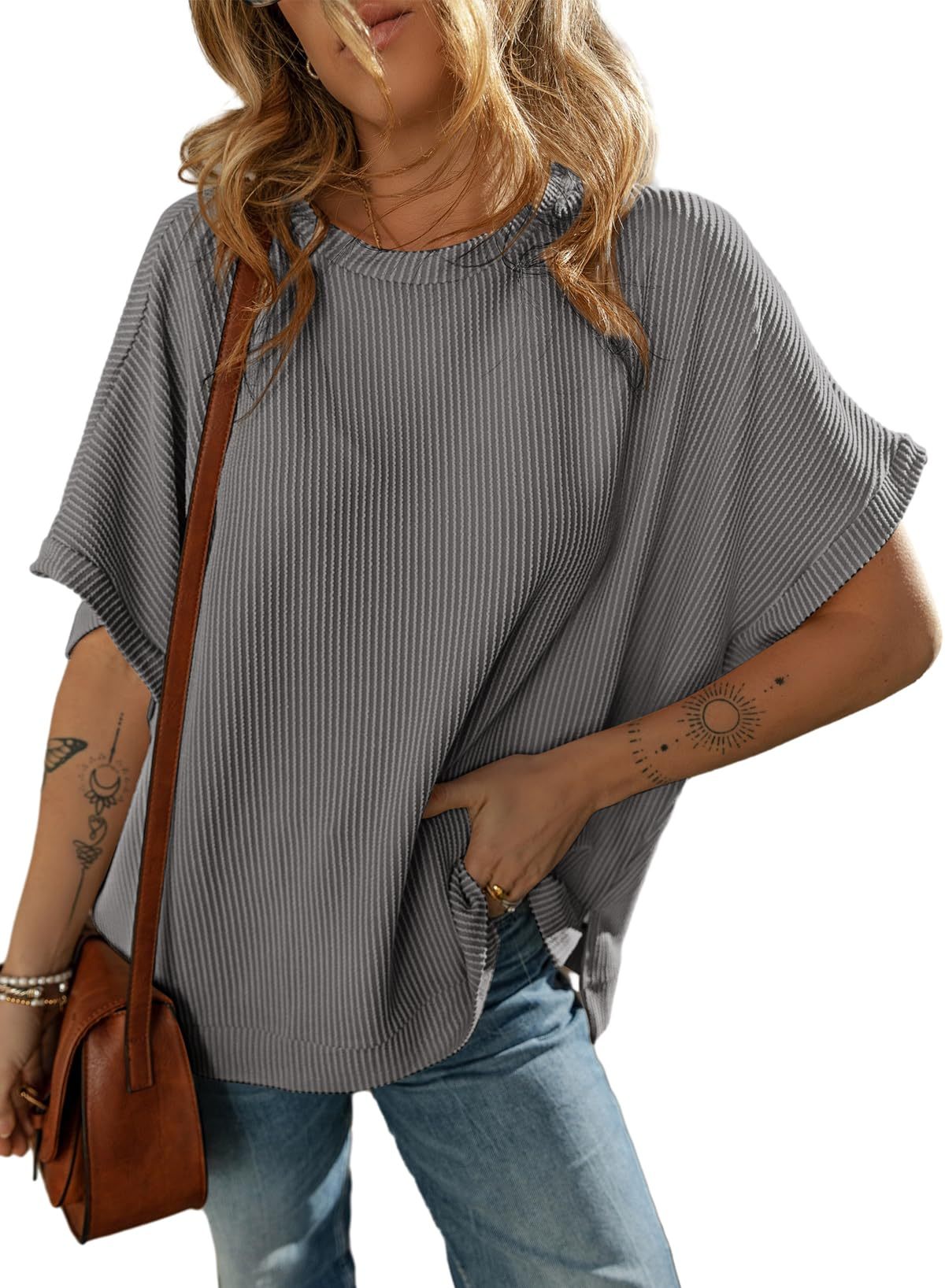 Sarah Express Solid Color Knitted T-Shirt Women's Half Sleeve Loose Casual Pullover Top