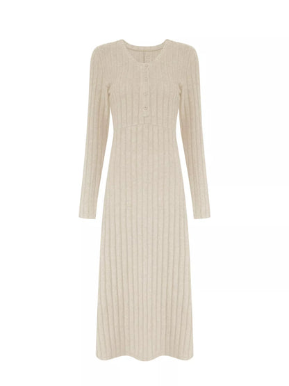 Sarah Express Women's Ribbed Knit V-Neck Maxi Dress - Button Front Long Dress