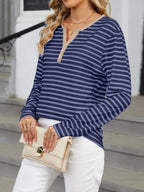 Sarah Express Women's Striped Long Sleeve Henley T-Shirt - Button Front Casual Top