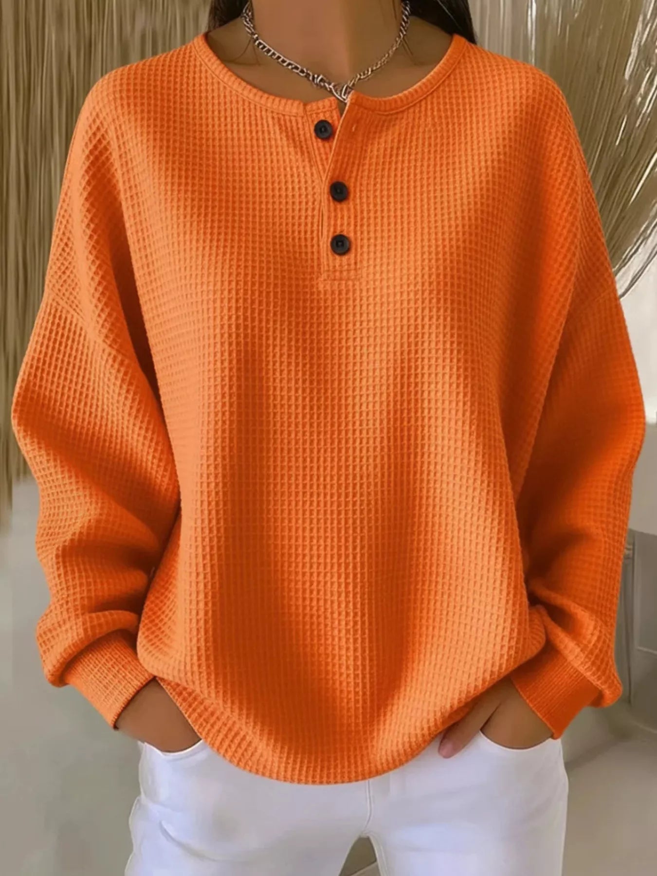 Sarah Express Women's Waffle Knit Button Detail Top - Plus Size Long Sleeve Casual Shirt Orange