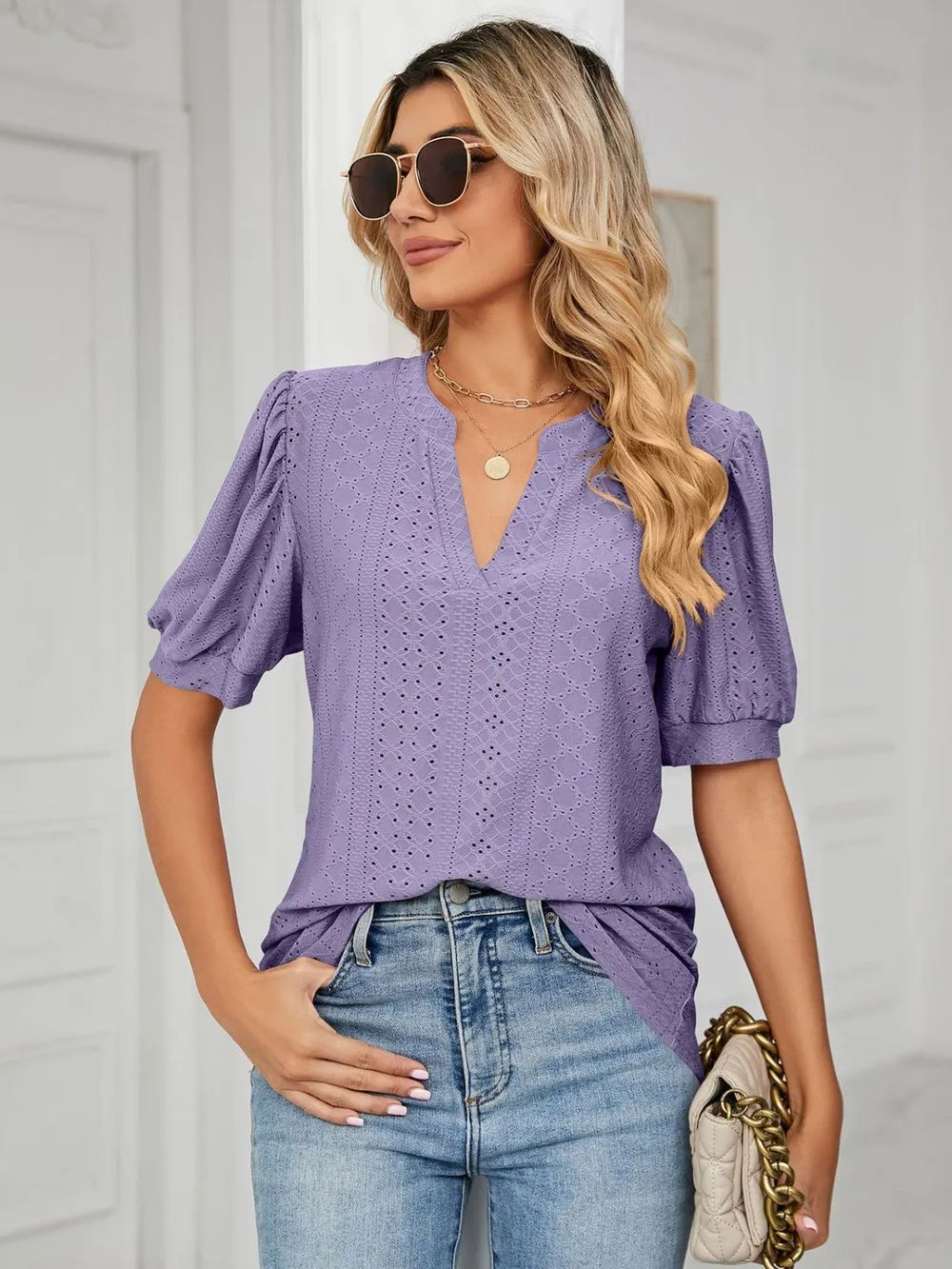 Sarah Express Women's Florira Eyelet Notched Short Sleeve T-Shirt Lavender