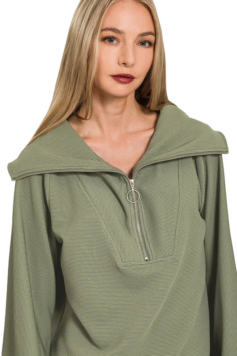 Sarah Express Women’s Ribbed High Neck Half Zip Lounge Set with Palazzo Pants