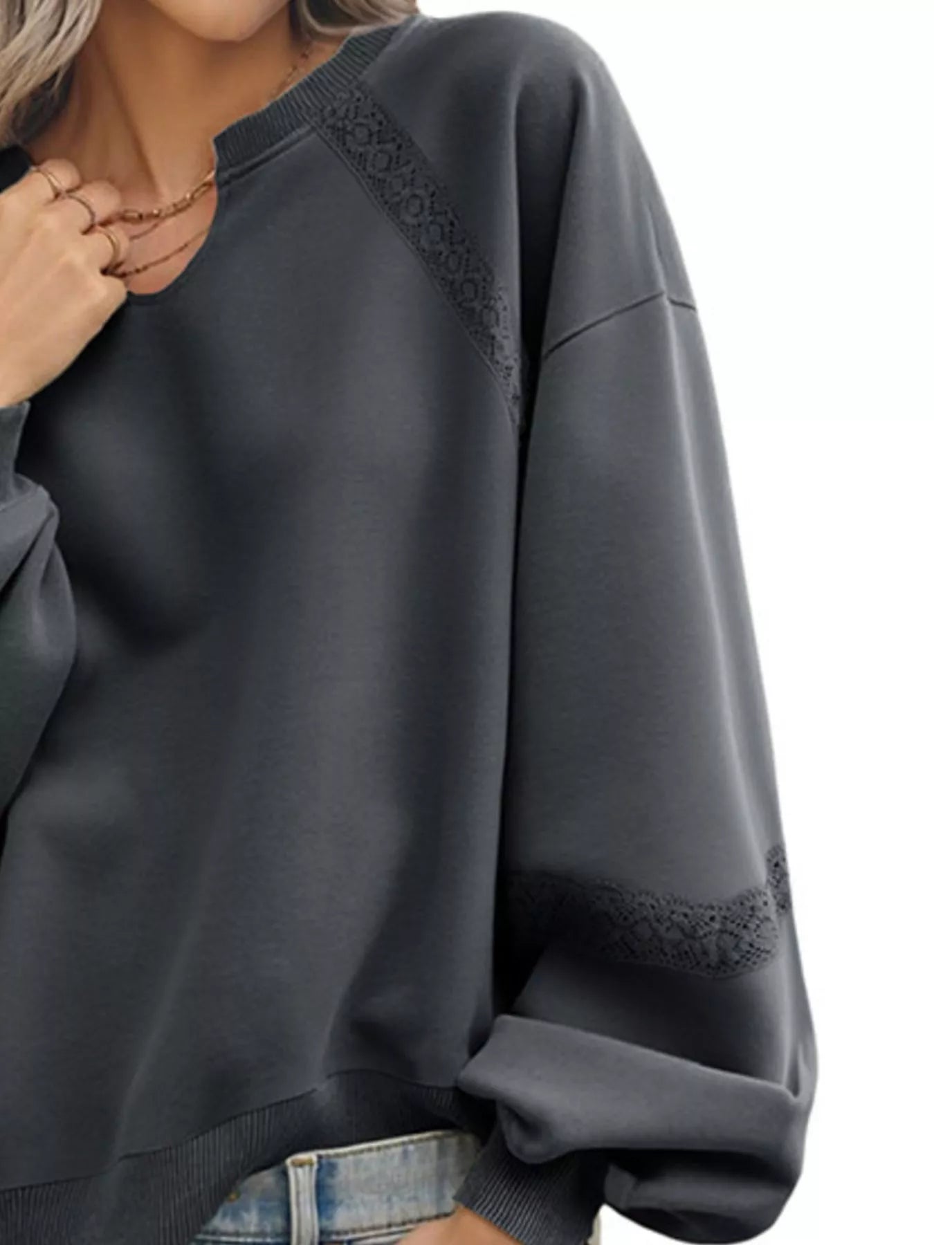 Sarah Express Women's Lace Detail Notched Long Sleeve Sweatshirt - Oversized Casual Pullover