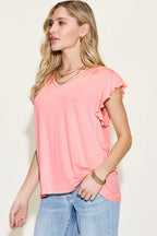 Sarah Express Women’s Plus Size Bamboo T-Shirt with Notched Neck and Ruffle Sleeves