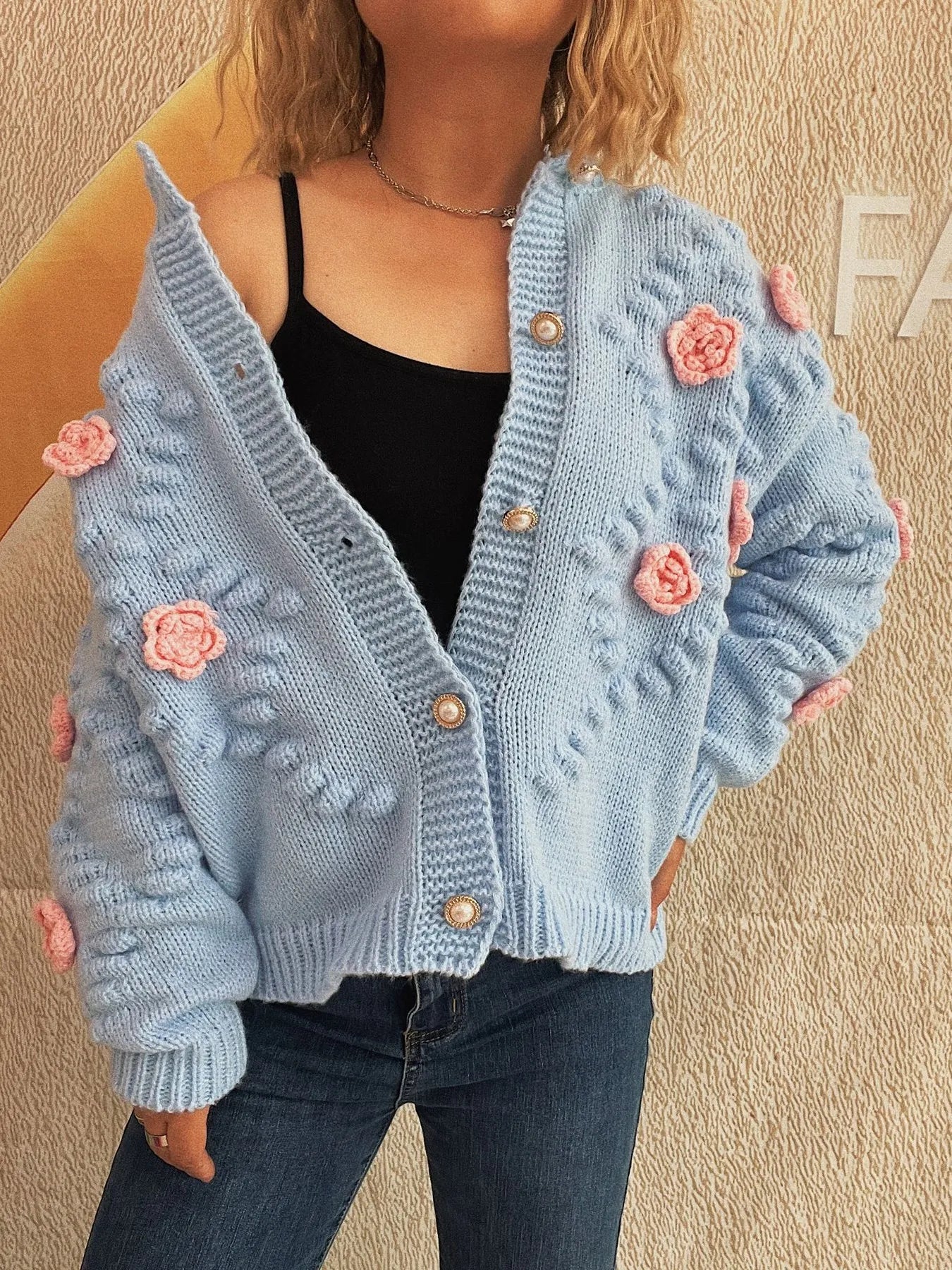 Sarah Express Women's Flower Button Up Long Sleeve Cardigan