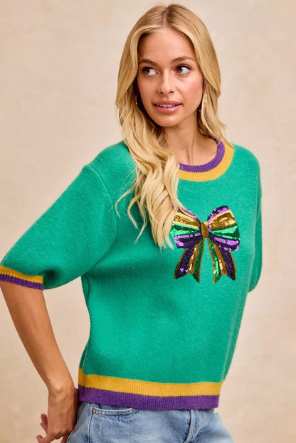 Sarah Express Women's Mardi Gras Sequin Ribbon Patched Sweater